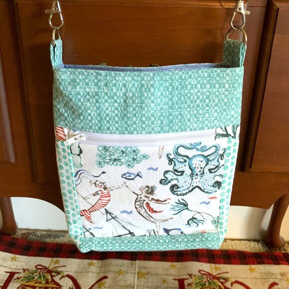 Handmade Aqua Cotton Crossbody Bag with Lining and Magnetic Snap Closure - Picture 3 of 9